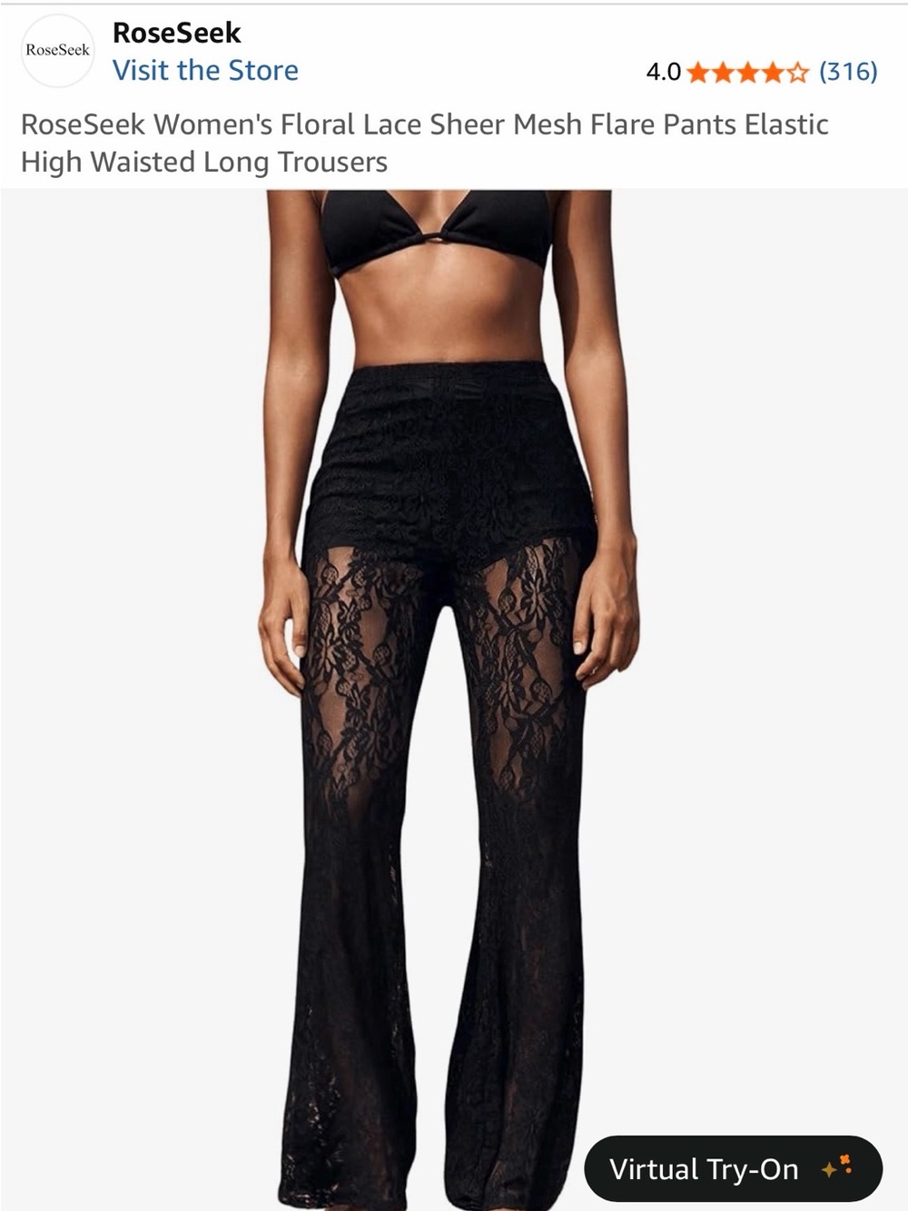 Black Floral Lace Sheer Flare Pants